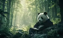 a panda bear sitting in the forest, holding a book