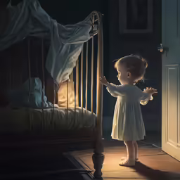 a little girl standing in front of a crib looking at something