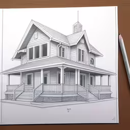 drawing a house on the sheet with a ruler,a pencil drawing of a house in a notebook