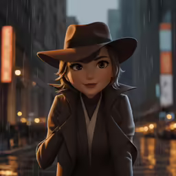 an animated woman with a large hat sitting in the rain