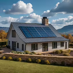 a large white house covered in solar energy