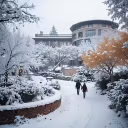 a woman walking down a snowy road in front of a large building