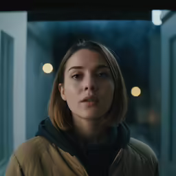 young woman in jacket with looking out window in building