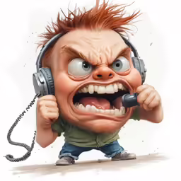 cartoon character in headphones yelling into a telephone