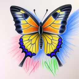 a drawing of a butterfly with bright colors,a colorful butterfly is flying very close to the camera,the colorful butterfly is on display with white background,the large butterfly is painted in blue, yellow and purple,a drawing of a yellow butterfly with blue, green and pink wings