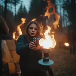 a woman standing in a forest holding a flashlight