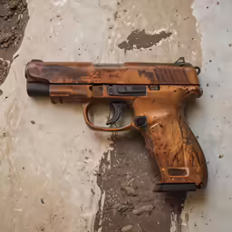 an old, dirty gun sitting on the concrete