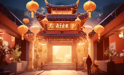 a large building with lanterns hanging in front