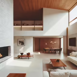 a living room area with two couches and a fireplace