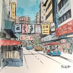 a painting shows buildings, signs and pedestrians in the city