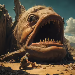 a giant mouthy fish with men kneeling in the sand