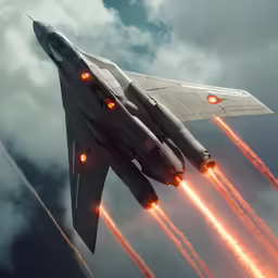 the fighter jet is flying through the cloudy sky