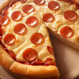 a deep dish pepperoni pizza on a plate