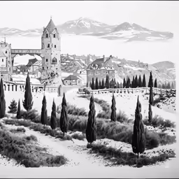 a drawing of a castle in the middle of a field