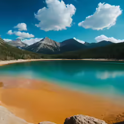 a small lake is situated by mountains under a blue sky