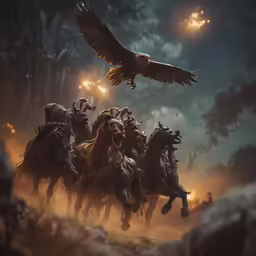 a painting of many horses and men on a trail with a large bird flying over them