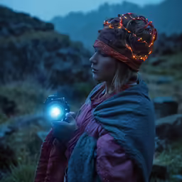 a woman wearing a lighted headband holds a lantern