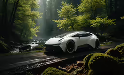 a white sports car parked in the woods