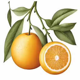 an orange is sliced in half and hangs on the branch with leaves