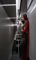 a woman leaning against the wall in an elevator