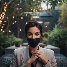 a woman wearing a face mask and jacket, with plants on the outside