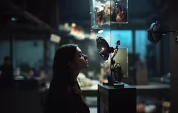 woman looking at a sculpture with a mask on display