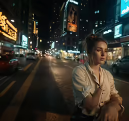 a woman with arms crossed standing in front of an empty street at night