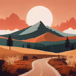 the sun is setting over a small rural landscape,a mountain scene with a sunset and trees in the background