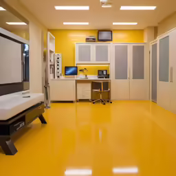 a room filled with lots of yellow and white furniture