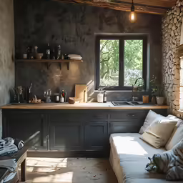 a couch, window, and cabinet in a small room