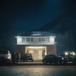 several vehicles and people standing outside a building