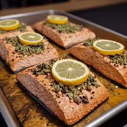 a metal pan holding sliced up fish covered in greens and spices
