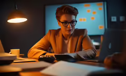 a young woman wearing glasses using a laptop