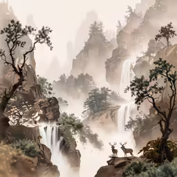 a painting of trees, rocks, and water with some deer at the top