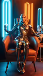 woman in futuristic fashion sitting on a leather chair