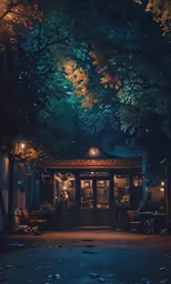 a building with lit up lights stands surrounded by trees