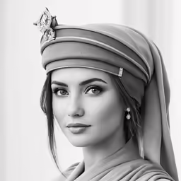 a woman with a turban and veil hat posing for a photo