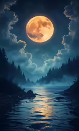 a full moon shining over the water and trees in a forest