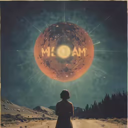 a young woman standing in a field with the words mom on it