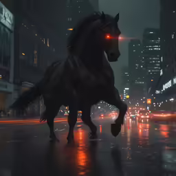 the horse is running across the street at night