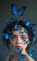 a woman with blue butterflies on her head