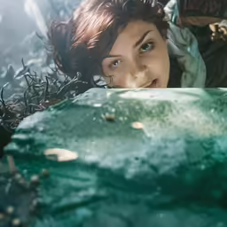 the girl is looking out over a large rock