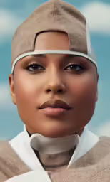 a woman wearing a white shirt and tan hat