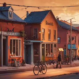 bicycles are parked in front of two stores,the person is walking by the buildings that are brightly colored