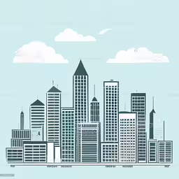 a cityscape with clouds and sky on the background,a blue and white city skyline with some clouds royalty