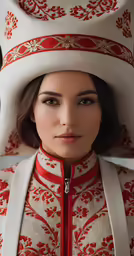 a woman with a hat and dress has an ornate red pattern on her dress