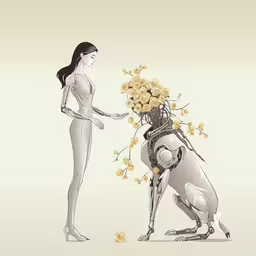 a drawing of a robot and a woman holding flowers,an artistic artwork featuring a woman feeding a robot dog