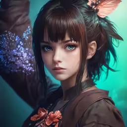 a young girl wearing a ponytail has long brown hair and a big, messy bun with some flowery hair