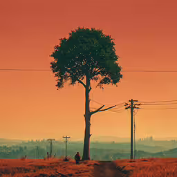 man walking towards a lonely tree on the hill,a lone tree is standing near an empty path