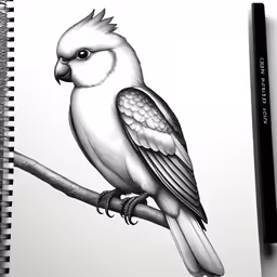 an illustrated drawing of a cockati with a pen and ink
